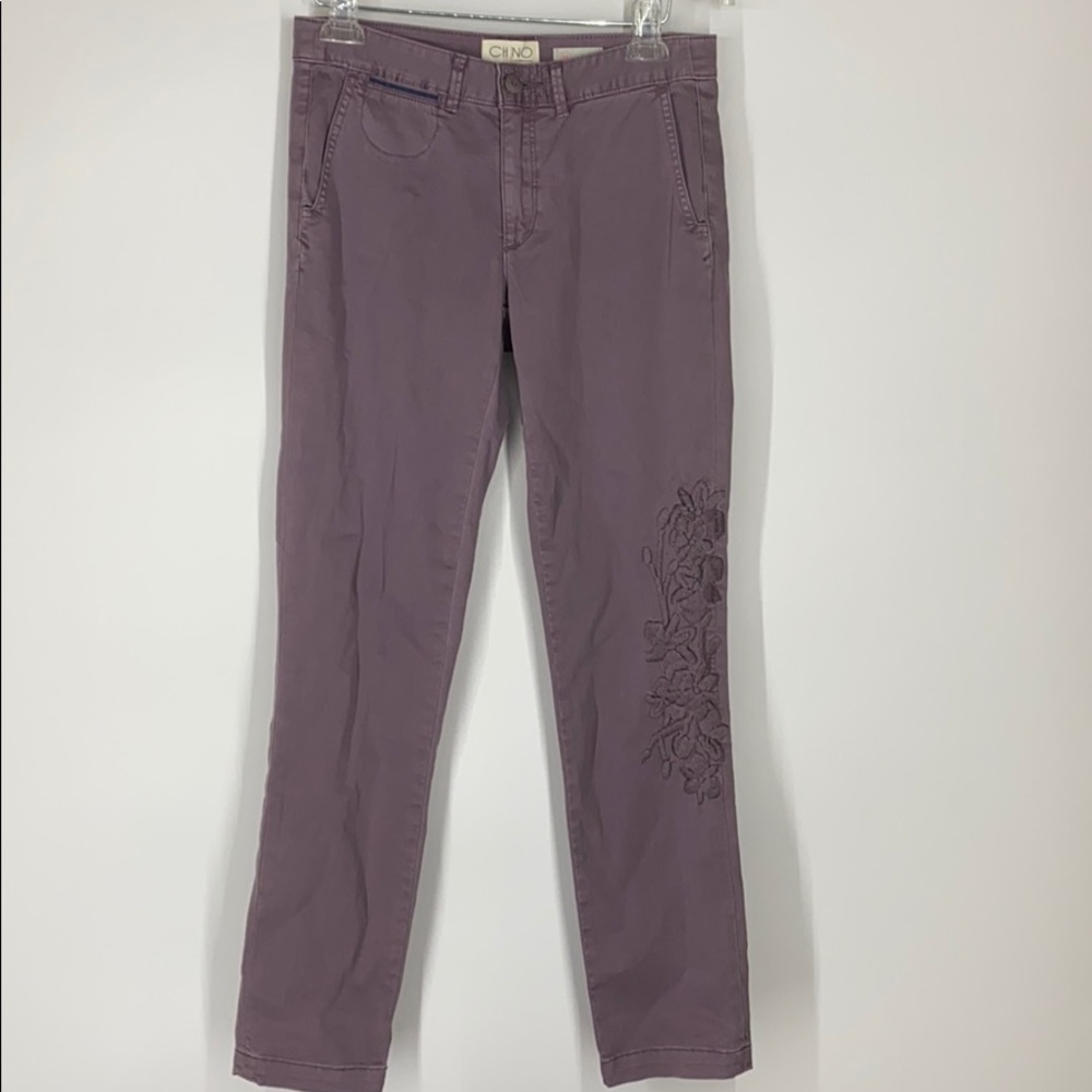 Anthropologie chino lavender embroidered pants 26